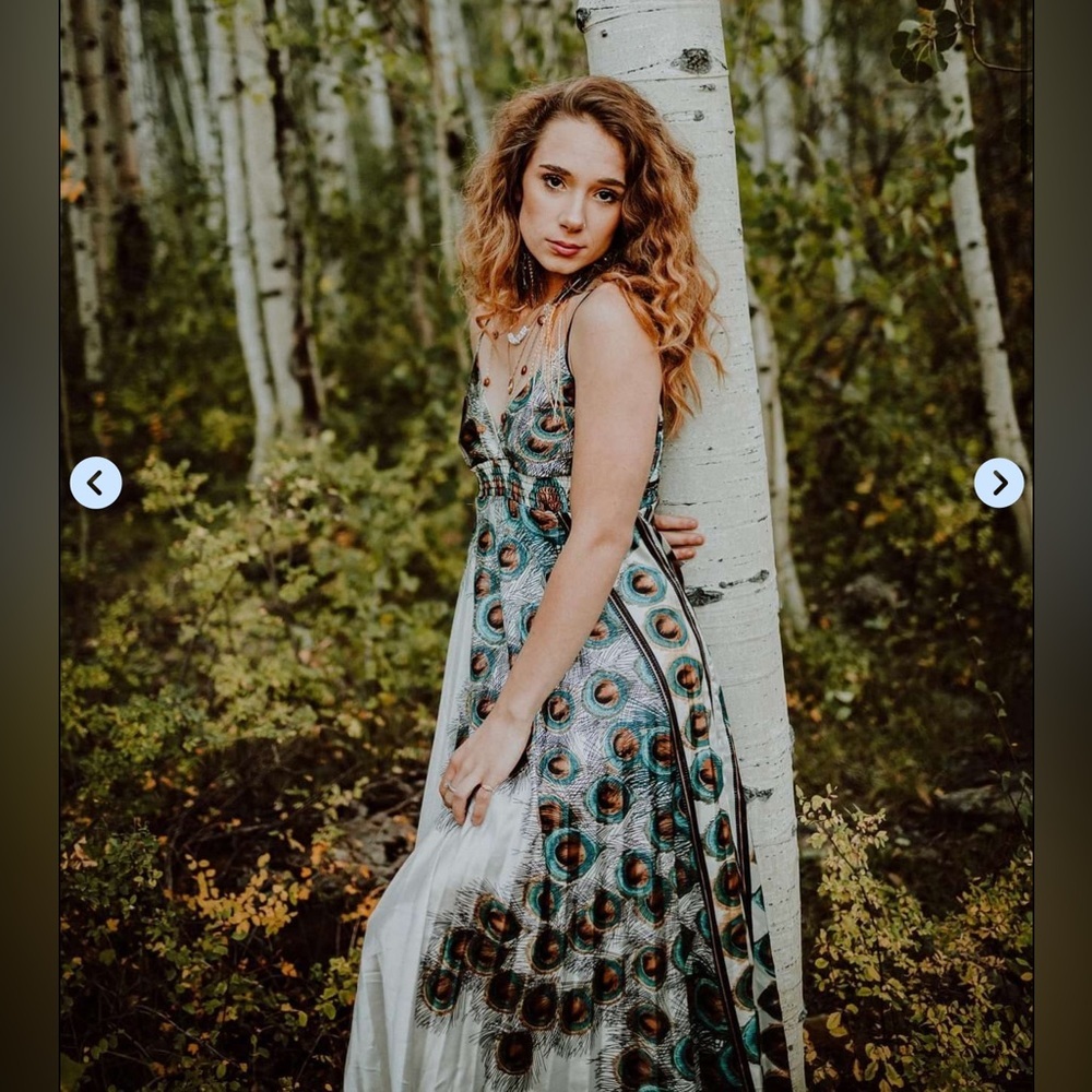 Step in Style Long maxi Pleated White Peacock Feather Print Dress